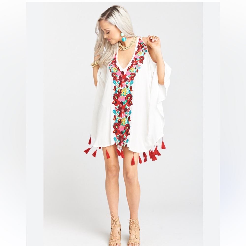 Show Me Your MuMu Jaden Tunic Colorful Embroidery Open Shoulder Dress | XS